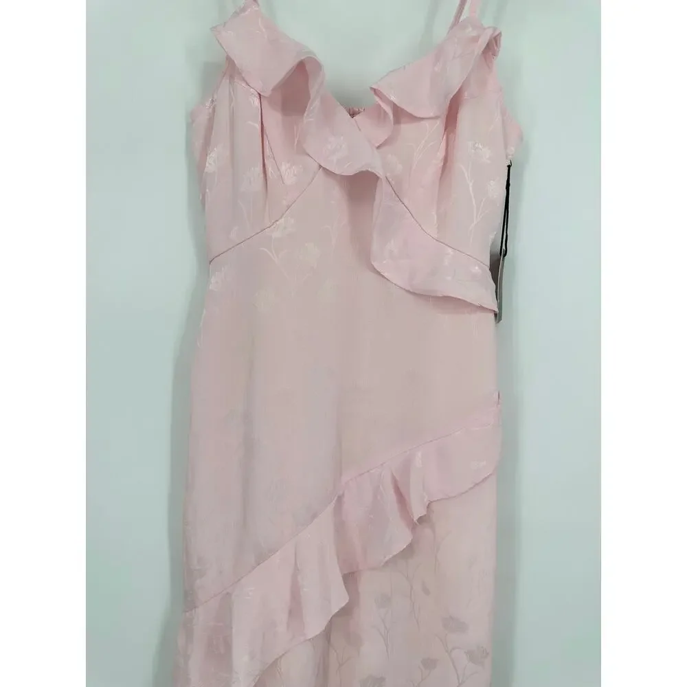 Japna Ruffle Midi Dress Satin Floral Jacquard Cottagecore Y2k Asymmetric Pink - Picture 5 of 9